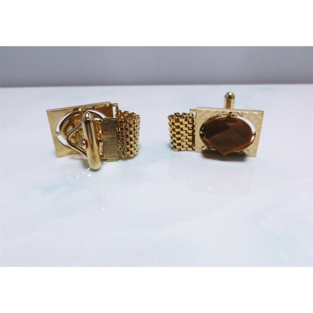 Retro Gold Plated Fold-Over Mesh Style Polished Tiger Eye Stone Cuff Link Set